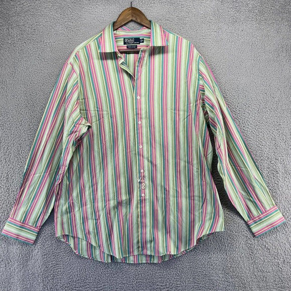 Ralph Lauren Shirt Men's Extra Large Green Pink Striped Philip Sport Cotton XL - Picture 1 of 10